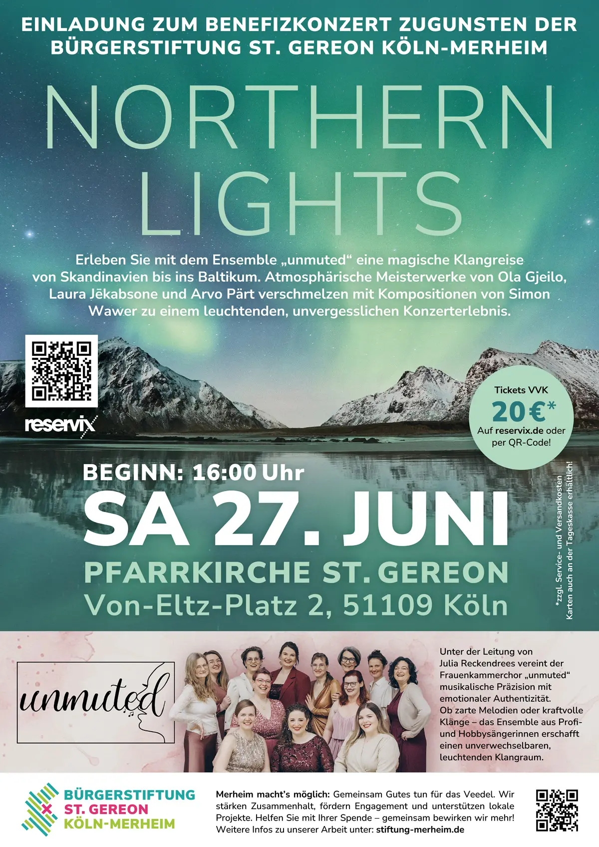 Konzertplakat zum Benefizkonzert Northern Lights am 27. Juni 2026 in der Pfarrkirche St. Gereon Köln-Merheim mit allen Infos zu Tickets, Vorverkauf und dem Frauenchor unmuted.